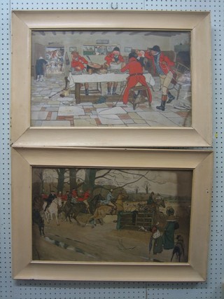 A pair of Cecil Aldin coloured prints "The Huntsman's Breakfast" and "Going Through a Gate", some discolouration 14" x 23"