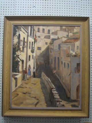 Kingsley Sutton, oil on board "Mojacar Village" the reverse with Mall Gallery label  24" x 19 1/2"