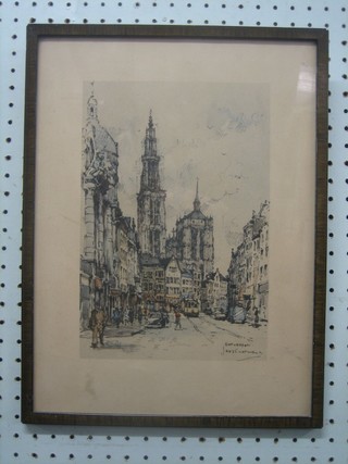 Jan Kurthdis?, a coloured print "Antwerp" 11" x 7"