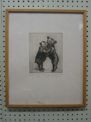 A monochrome print "Two Hugging Bears" with inscription to base 6" x 5"