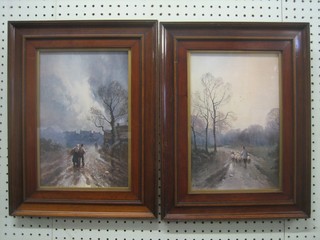 F Arnold, a pair of coloured prints "Shepherd Driving Sheep" and "Figures Walking at Dusk" 12" x 7" contained in mahogany frames