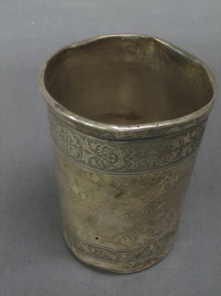 A French engraved silver beaker, base marked Alagerbe D Or Paris (heavily dented)
