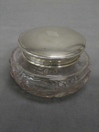 A circular cut glass dressing table jar with engine turned silver lid, Birmingham 1929 3" 