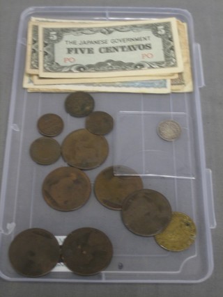 A Victorian 1897 silver Maundy threepence and a small collection of various coins and Japanese Government bank notes