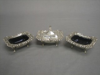 A large and impressive Georgian style silver plated 3 piece condiment set comprising mustard pot and pair of salts