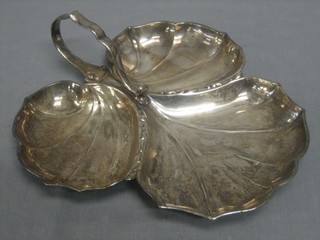 A silver plated leaf shaped 3 division hors d'eouvres dish