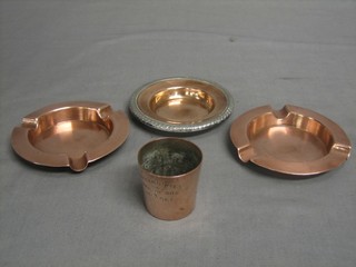 A silver plated spirit measure marked Officer's Mess Brigade of Guards No. 7 set, together with 3 silver plated ashtrays