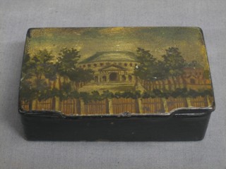 A 19th Century lacquered snuff box the lid decorated a "Temple" 3"