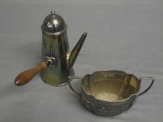 A silver plated side handled coffee pot of tapering form and a silver plated twin handled sugar bowl