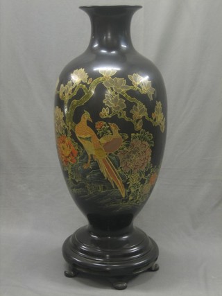 A large 20th Century Oriental lacquered vase decorated a bird amidst branches  44"