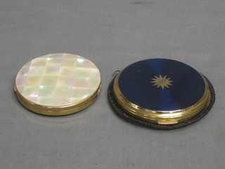 A blue enamelled Stratton compact and 1 other with mother of pearl decoration