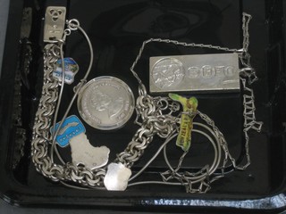 A 1977 Silver Jubilee silver ingot, 2 silver pendants etc