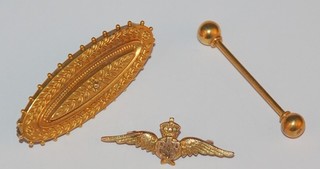 A Victorian 9ct gold mourning brooch, the reverse with hair sculpture marked E A A August 8th 1898, 10 years with Mrs Grazebrook, an RAF Sweetheart brooch and a gilt metal tie pin