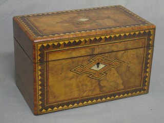 A Victorian rectangular inlaid walnut twin compartment tea caddy with hinged lid 8"