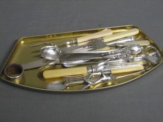A silver handled shoe horn, do. button hook, bread fork and a collection of plated flatware
