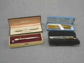 A  Schaefer propelling pencil, a Schaefer ball point contained in a gold plated case, a Parker pen in a gold plated case, a Schaefer gold plated pen and 2 other pens