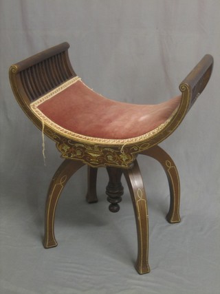 An Edwardian inlaid mahogany adjustable piano stool, raised on 4 club supports