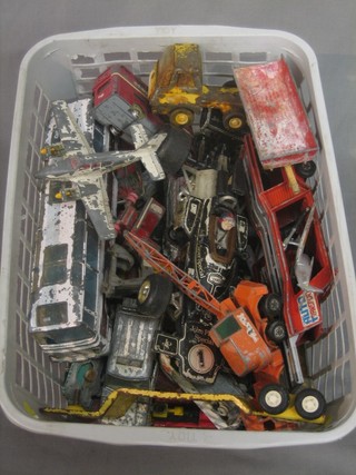 A box containing various toy cars (all plain worn)