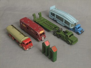 A Dinky Super Toy tank transporter no.660, do. horse box, do. Foden oil tanker and a car transporter Pulmore 582 and 2 wooden sentry boxes