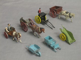 A  T&B model dog cart, a metal model hansom cab, 1 other cart, a costermonger's cart (f), a hand barrow and a metal sleigh