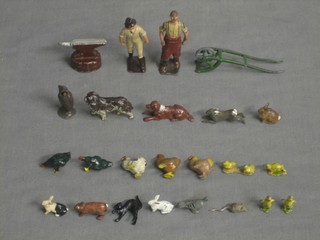 A Britains figure of a hare, 2 rabbis, an owl, a Blacksmith and other small Britains figures