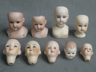 9 various biscuit porcelain dolls heads