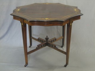 A Victorian octagonal shaped inlaid rosewood occasional table raised on square tapering supports with X framed stretcher 36"