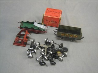 A pair of French Hornby buffers A801, 1 boxed, a Nordo drop sided coal truck, various wheels, a Hornby Barrel truck? 
