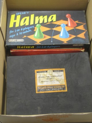 A Johnsons & Hendon photography outfit, a Station Game, a Ludo set, a Halma game and a Downfall game