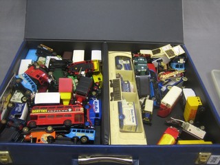 A plastic box containing various toy cars