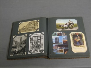 A brown card album of various colour and other postcards