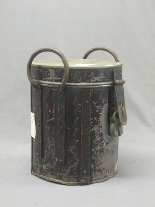 A cylindrical metal military twin handled hat box by Henry & Co 13"