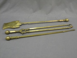A handsome 19th Century brass 3 piece fireside companion set comprising shovel, poker and tongs