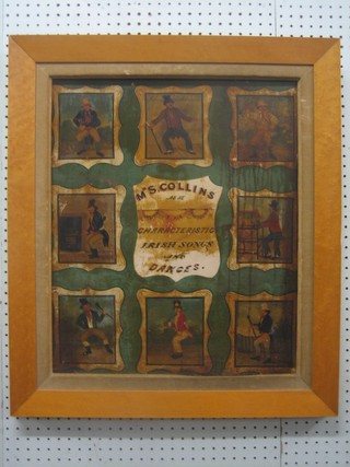 A wooden painted bill board marked Mr Collins as he appears in various characteristic Irish Songs and Dance 21" x 17"
