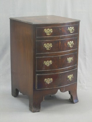 A Georgian style mahogany bow front chest with crossbanded top, fitted 4 long drawers, raised on bracket feet 18"