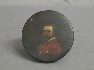 An 18th Century circular lacquered jar and cover, the lid decorated a portrait of gentleman 4"