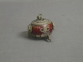 An Eastern hardstone and white metal mounted incense burner, decorated a pig  2"