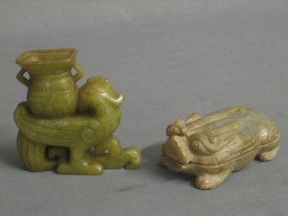 A carved Eastern hardstone figure of a mythical bird 4" and a box in the form of a mythical beast 4"