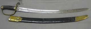 A Continental short sword with 23" crescent shaped blade with brass hilt contained in a leather and brass scabbard