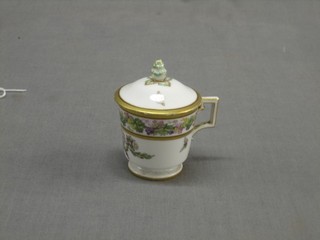 A 19th Century Berlin porcelain chocolate can and cover with insect decoration, floral and gilt banding 3"