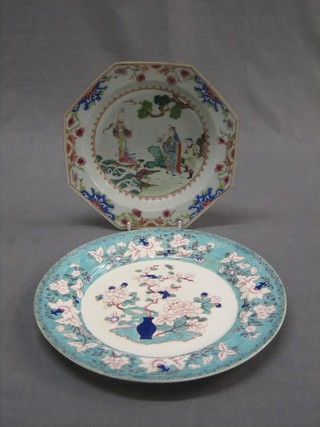 An 18th/19th Century Oriental famille vert octagonal dish, decorated courtly figures 8 1/2" and a circular porcelain plate with floral decoration 10"