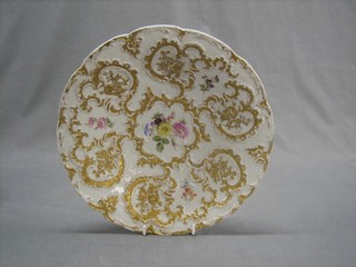 A "Meissen" circular porcelain bowl with rose and gilt decoration the base with crossed swords mark and impressed 62 11"