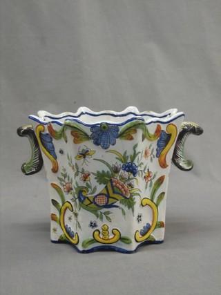 A Quimper twin handled jardiniere with panelled decoration 7" (cracked)