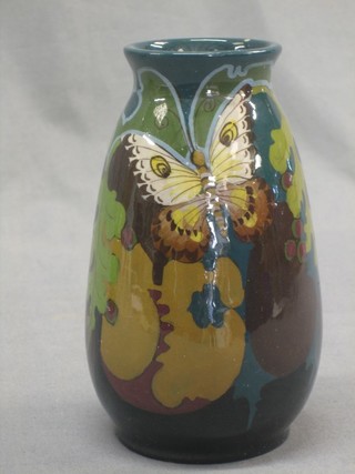 A Vilider Gouda vase with butterfly and floral decoration, the base marked 344Vilider Nora-Gouda 6" (cracked)