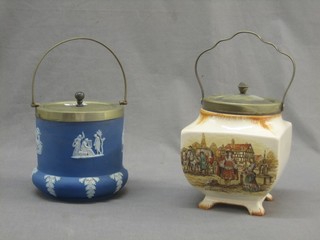 A cylindrical blue Jasperware biscuit barrel with plated mounts together with a Sandaland ware biscuit barrel