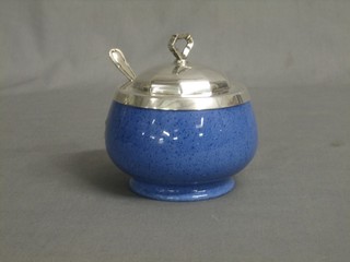 A circular blue glazed Moorcroft preserve jar/sugar bowl with silver plated lid and spoon  2"