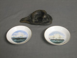 A circular Royal Worcester presentation ashtray for The Royal Funnel Line decorated the Steam Ship Agamemnon and 1 other The Orestes, together with a bronzed figure of a reclining dog