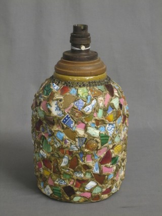 A stoneware bread crock decorated various shards of broken china, converted to a lamp base 10"