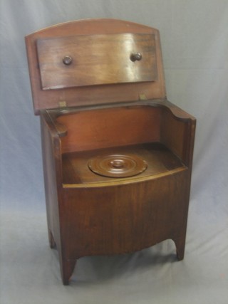 A 19th Century mahogany bow front commode with hinged lid, raised on bracket feet 74"