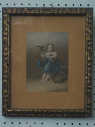 A 19th Century Baxter print of a girl with bird 6" x 4"